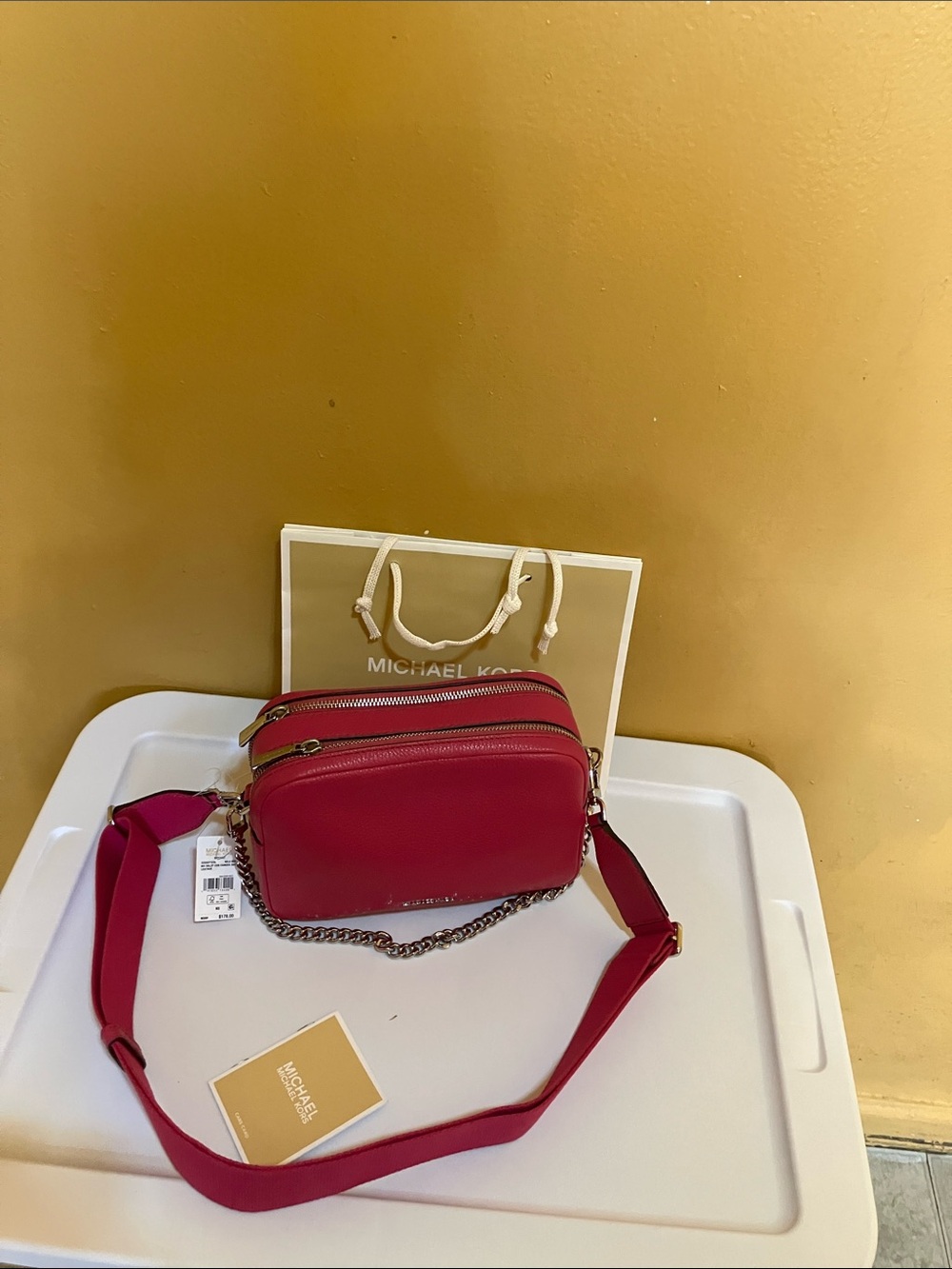 Michael Kors Bryant Wildberry pebble Leather Crossbody Camera Bag